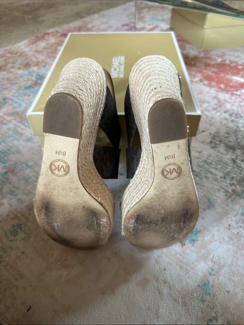 Michael Kors Brown Leather and Logo Espadrille Wedge Sandals